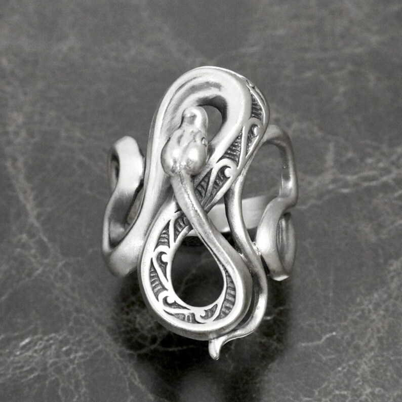 Op de afbeelding: Zilveren ring met een gedetailleerd slangendesign. De slang is om zichzelf gekruld, waardoor een cirkel ontstaat. De ring is gemaakt van metaal en heeft een gepolijste afwerking.