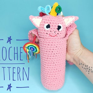 Modèle de porte-bouteille d'eau au crochet de licorne, crochet confortable pour bouteille d'eau, tutoriel de sac de licorne en peluche, modèle de crochet facile pour sac de bouteille