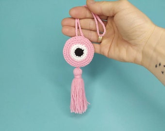 Crochet Evil Eye Car Charm with Tassel: Nazar Talisman Rear View Mirror Accessory