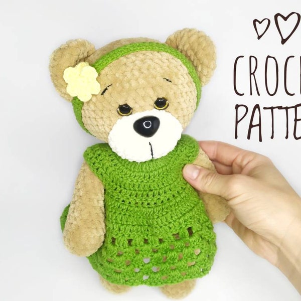 Teddy bear plushie pattern, crochet amigurumi pattern for handmade teddy bear making, stuffy patterns of toddler toy plush bear in dress