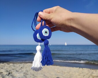 Evil eye with tassel rear view mirror accessories, Nazar talisman car mirror hanging, Greek evil eye hanger car charm as new driver gift