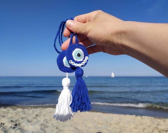 Crochet Evil Eye Car Charm with Tassel: Nazar Talisman Rear View Mirror Accessory