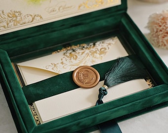 Wedding Invitation Box - Emerald Green Velvet - Acrylic Invitation in Velvet Box - With Custom Wedding Logo or Wedding Monogram