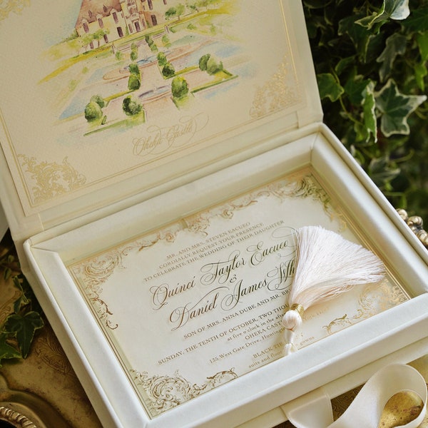 Wedding Invitation Box - Ivory Velvet - Acrylic Invitation in Velvet Box - With Custom Wedding Logo or Wedding Monogram