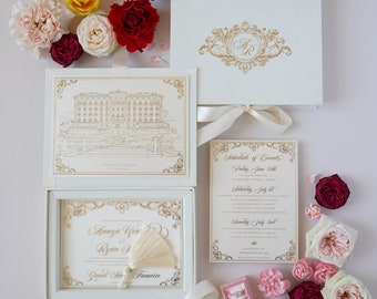 Ivory Samt Hochzeitseinladungsbox - Kundenspezifisches Monogramm, Acryleinladungsbox