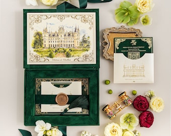 Hochzeitseinladungsbox aus Samt mit individueller Illustration, Monogrammfoliendruck