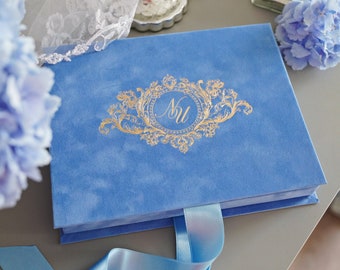 Wedding Invitation Box - Sky Blue Velvet - Acrylic Invitation in Velvet Box - With Custom Wedding Logo or Wedding Monogram