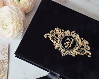 Wedding Invitation Box - Black Velvet - Acrylic Invitation in Velvet Box - With Custom Wedding  Logo or Wedding Monogram