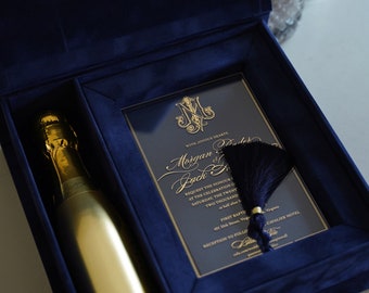 Wedding Invitation Box - Navy Blue - With Department For Mini Champagne - Acrylic Invitation - Personalized Gift - Bridesmaid Gift