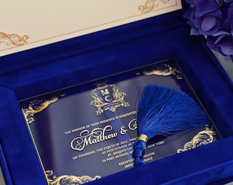Royalblaue Hochzeitseinladungsbox aus Samt - Benutzerdefinierte Monogramm-Acryleinladung