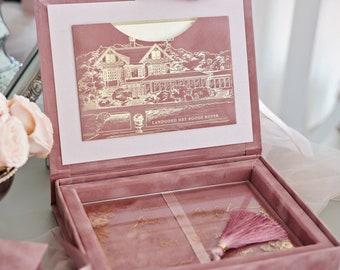 Wedding Invitation Box - Vintage Rose - Acrylic Invitation in Velvet Box - With Custom Logo or Monogram