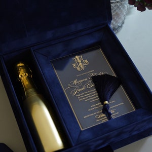 Wedding Invitation Box - Navy Blue - With Department For Mini Champagne - Acrylic Invitation - Personalized Gift - Bridesmaid Gift
