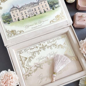 Hochzeitseinladungsbox - Muschel - Kundenspezifische Illustration - Luxuseinladung - Hochzeitseinladung - Hochzeitsortskizze