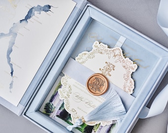 Wedding Invitation Box - Dusty Blue Velvet - Acrylic Invitation in Velvet Box - With Custom Wedding Logo or Wedding Monogram