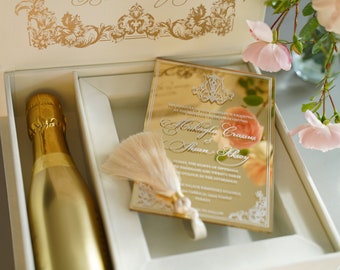 Wedding Invitation Box - Cream - With Department For Mini Champagne - Acrylic Invitation - Personalized Gift - Bridesmaid Gift