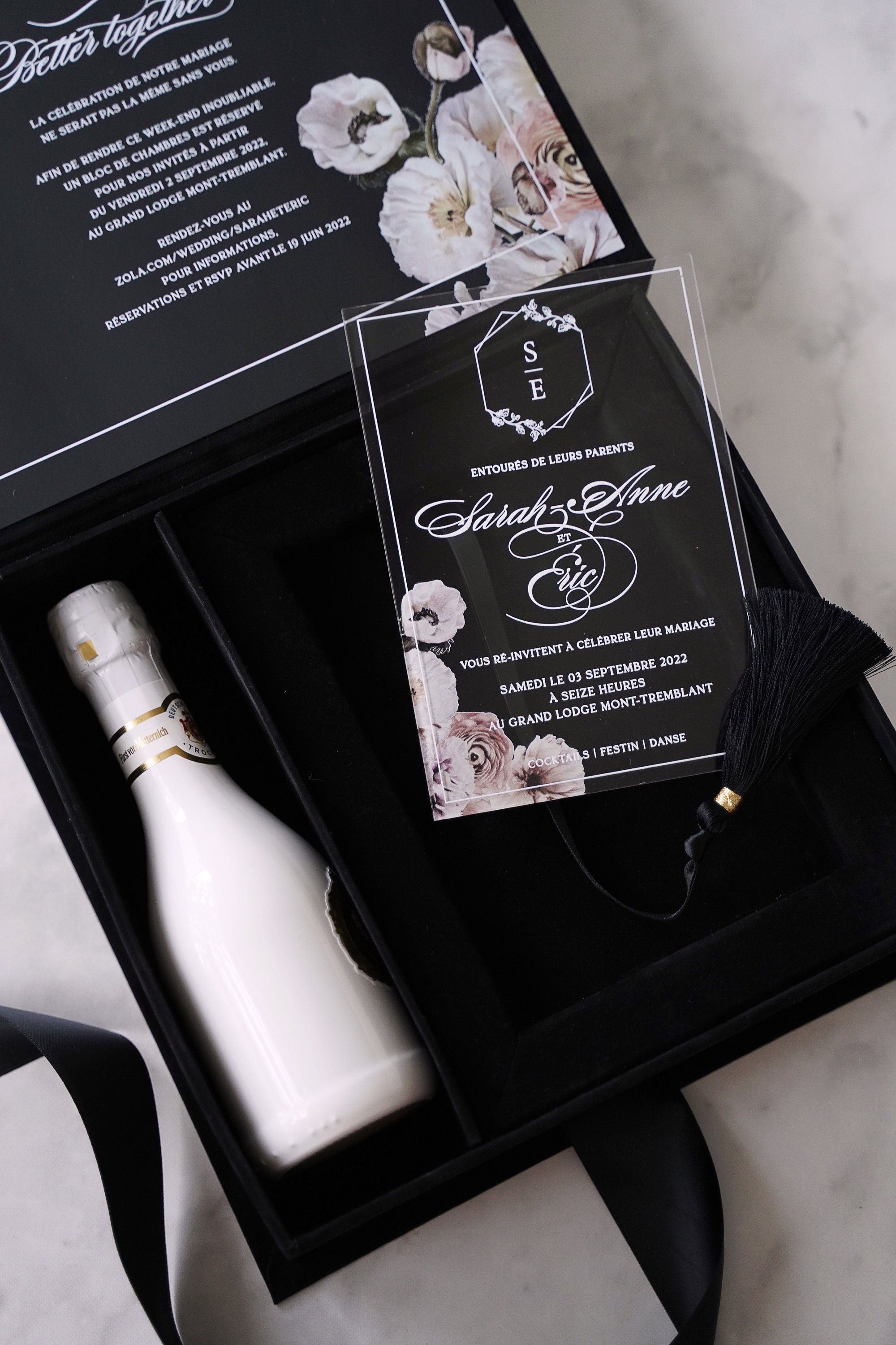 Wedding Invitation Box - Black - With Department For Mini Champagne - Acrylic Invitation - Personalized Gift - Bridesmaid Gift