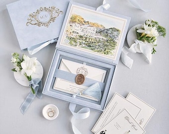 Hochzeitseinladungsbox - Comer See Hochzeit - Custom Venue Illustration