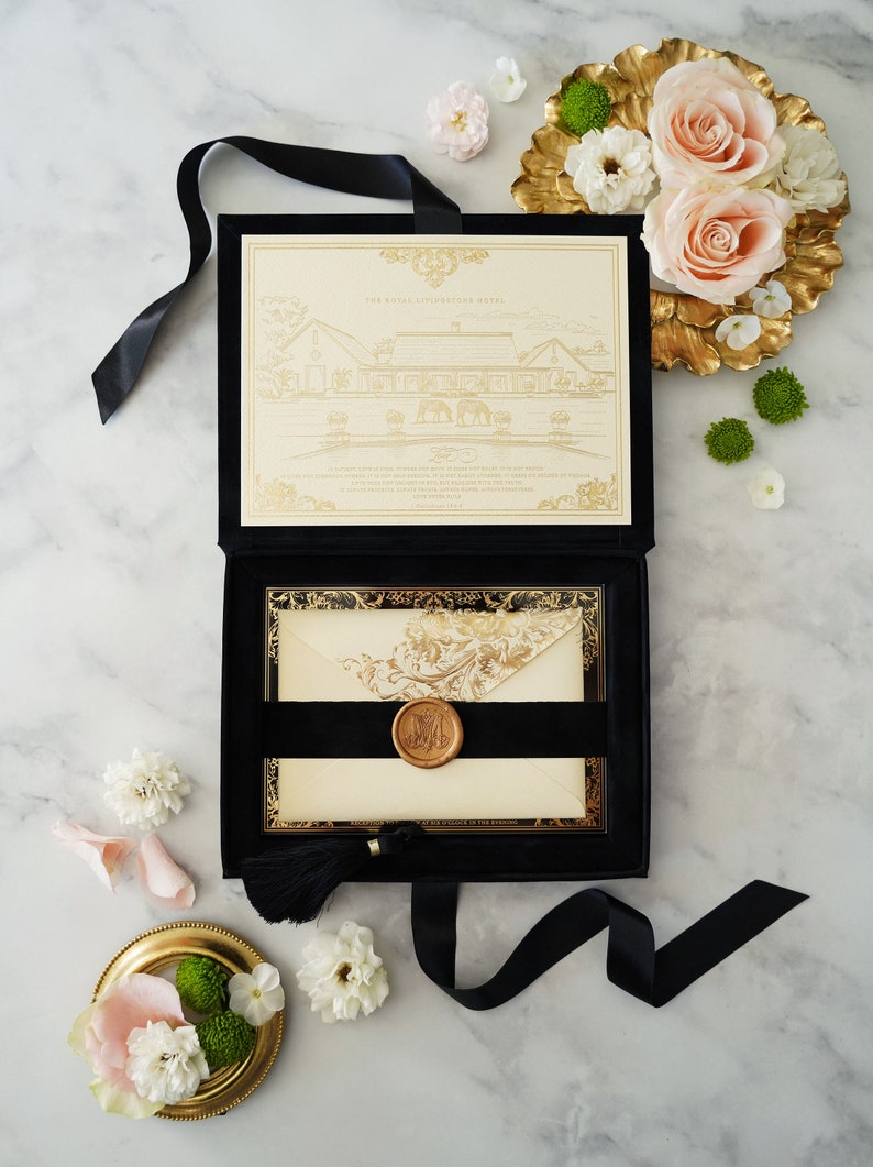 Black Velvet Wedding Invitation Box – Custom Monogram, Acrylic ...
