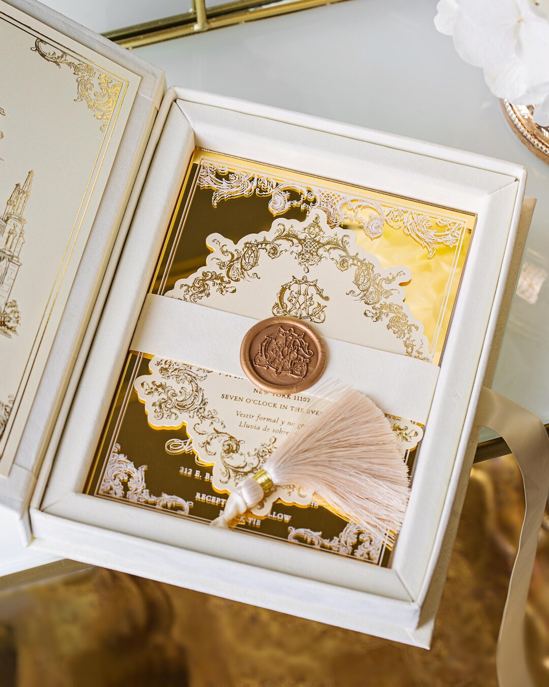 Luxury Velvet Wedding Invitation Box – Custom Venue Illustration, Foil ...