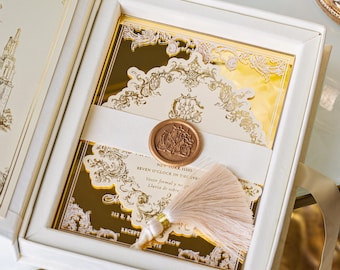 Luxus-Samt-Hochzeitseinladungsbox - Individuelle Folien-Monogramm-Illustration