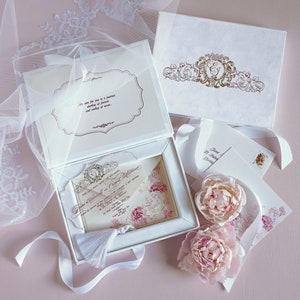 Wedding Invitation Box - White Velvet - Acrylic Invitation in Velvet Box - With Custom Wedding Logo or Wedding Monogram