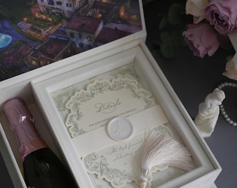 Destination Wedding Invitation Box - Ivory - With Department For Mini Champagne - Luxury Invitation - Personalized Gift