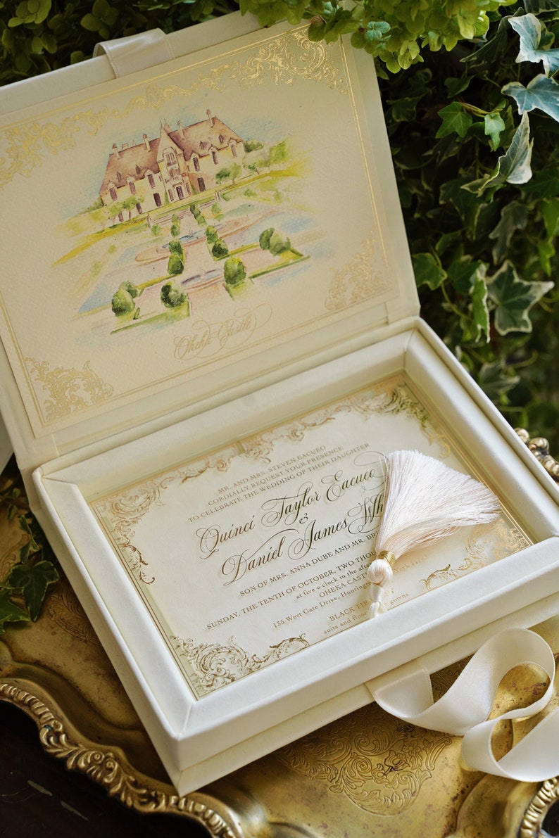 Wedding Invitation Box Cream Velvet Acrylic Invitation in image 1