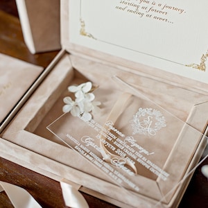 Wedding Invitation Box - Beige Velvet - Acrylic Invitation in Velvet Box - With Custom Wedding Logo or Wedding Monogram