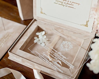 Wedding Invitation Box - Beige Velvet - Acrylic Invitation in Velvet Box - With Custom Wedding Logo or Wedding Monogram