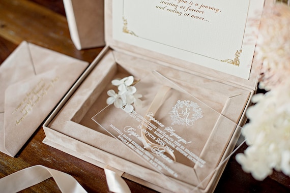 Wedding Invitation Box Beige Velvet Acrylic Invitation in Velvet