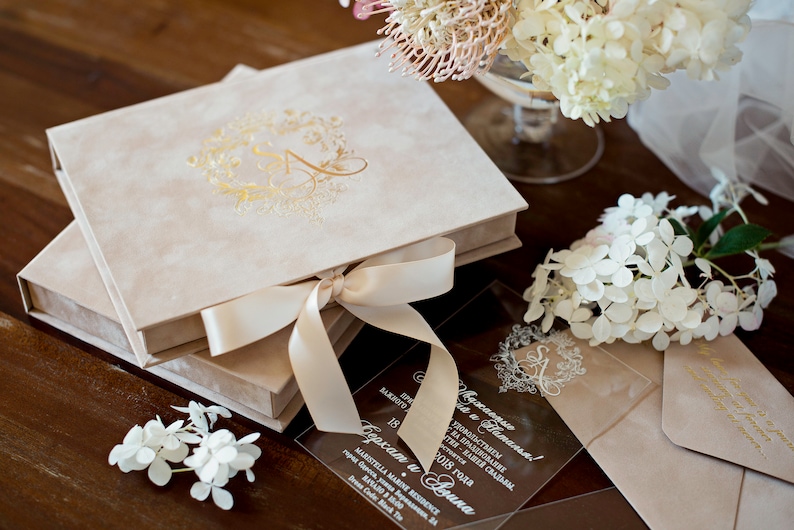 Wedding Invitation Box Beige Velvet Acrylic Invitation in Etsy