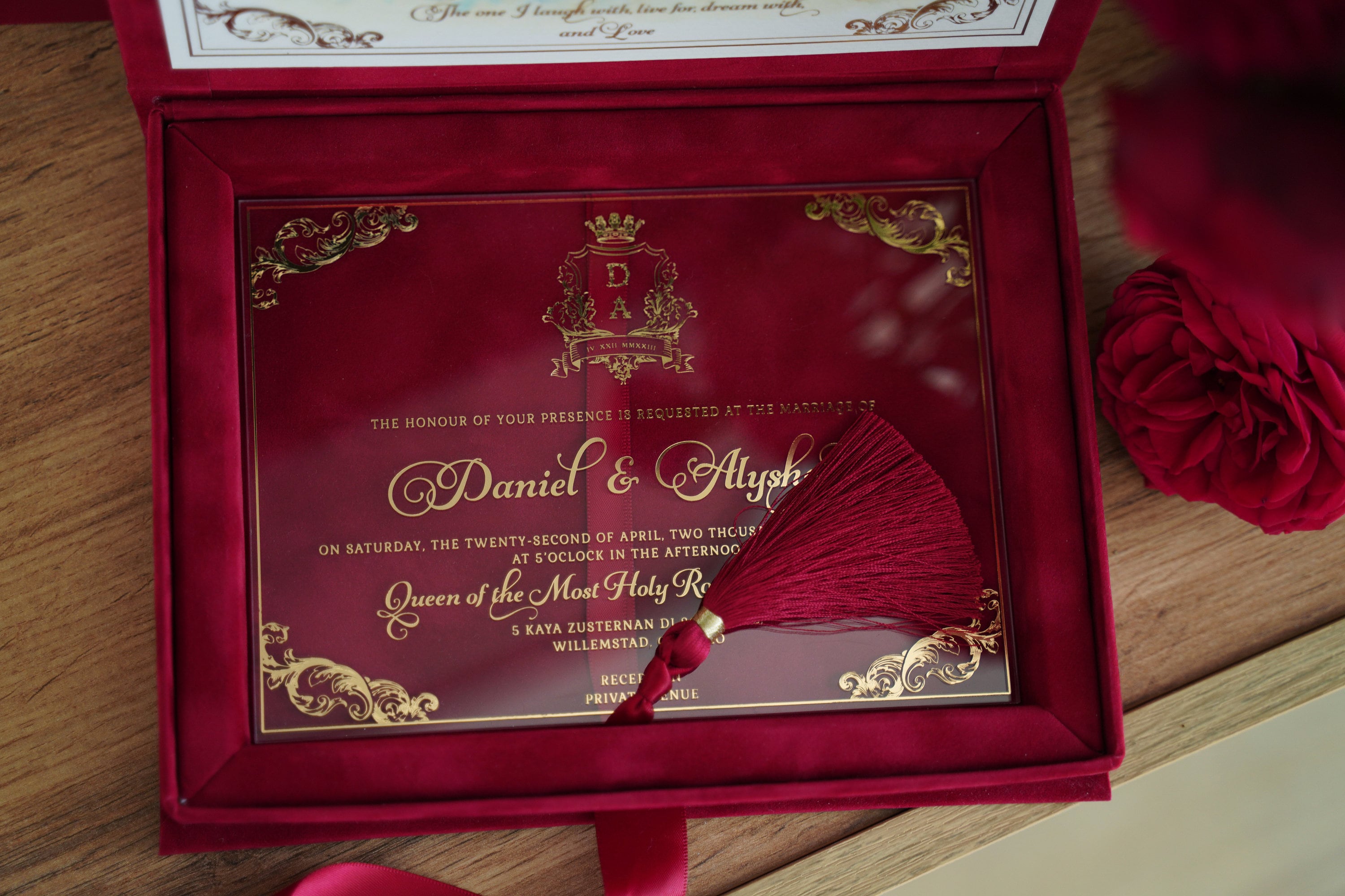 Red Velvet Wedding Invitation Box – Custom Foil Logo, Acrylic Card - Etsy