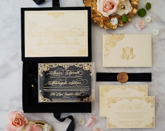 Hochzeitseinladungsbox aus schwarzem Samt - Hochzeitseinladungsbox - Kundenspezifisches Monogramm, Acryleinladung