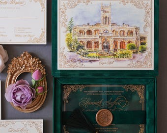 Luxus-Hochzeitseinladungsbox aus Samt - Benutzerdefinierte Veranstaltungsort-Illustration, Bestimmungsort-Hochzeit
