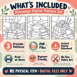 May include: A Kinusaiga digital pattern set featuring three black and white line art illustrations of a mug on books, a teapot with a cup, and yarn with knitting needles. Includes text labels for printable patterns, PDF files, and digital download.