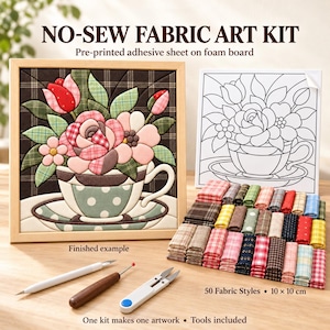 Puede incluir: Un kit de arte en tela sin costuras que incluye un diseño terminado de taza de té floral en un marco de madera, una placa de espuma adhesiva preimpresa y 50 cuadrados de tela de 10 x 10 cm. Incluye cúter, punzón y tijeras pequeñas.