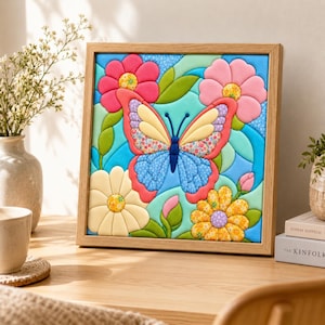 Op de afbeelding: Een vierkant ingelijst wandkunstwerk van stof met een centrale vlinder met blauwe, gele en bloemrijke vleugels. De vlinder is omringd door roze, gele en crèmekleurige stoffen bloemen en groene bladeren op een lichtblauwe achtergrond.