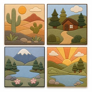 Pode incluir: Um conjunto de quatro painéis de parede quadrados com designs de paisagens em camadas. As cenas retratam um deserto com cactos, uma cabana na floresta, um lago de montanha com neve e um nascer do sol sobre um lago, em tons terra e texturas.