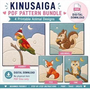 Könnte beinhalten: Ein Kinusaiga PDF-Musterset mit vier druckbaren Tiermotiven: ein Papagei mit Weihnachtsmütze, ein Eichhörnchen mit Eichel, ein Fuchs und eine Eule. Jedes quadratische Design zeigt ein stilisiertes Tier vor einem nächtlichen Himmel mit Mondsichel.