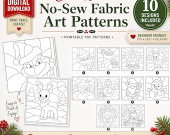 May include: A digital download set of 10 Christmas no-sew fabric art patterns featuring black and white line drawings of holiday characters including a reindeer, snowman, Santa Claus, and gnome, with text labels indicating printable PDF patterns.