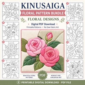 May include: A Kinusaiga floral pattern bundle digital PDF download featuring printable patterns for no-sew fabric art. The image displays eight black and white line art floral designs labeled A through H and a central color example of pink roses.