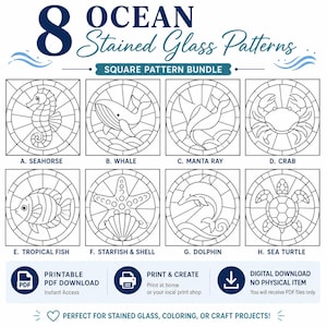 Può includere: Una raccolta digitale di 8 modelli di vetrate colorate a tema oceanico in un pacchetto quadrato. I disegni includono un cavalluccio marino, una balena, una manta, un granchio, un pesce tropicale, una stella marina, un delfino e una tartaruga.