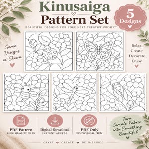 May include: A Kinusaiga pattern set featuring five black and white line art designs of insects including a ladybug, butterfly, bee, dragonfly, and cicada surrounded by flowers. The digital download includes PDF files for creative projects.