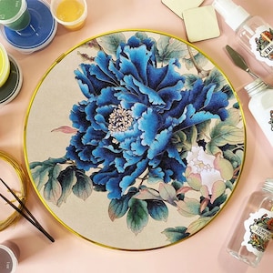 Cloisonne DIY Kit,Blue Peony Flower,Suitable For Beginners,Home Decoration,Including All Tools