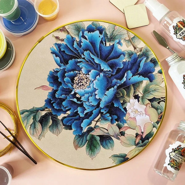 Cloisonne DIY Kit,Blue Peony Flower,Suitable For Beginners,Home Decoration,Including All Tools