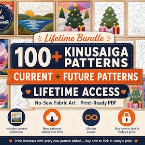 May include: A digital bundle of 100+ Kinusaiga patterns for no-sew fabric art, featuring print-ready PDF files. The display includes various colourful finished examples like swans, landscapes, and Christmas trees, with text stating Lifetime Bundle.