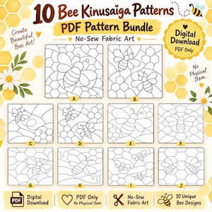Puede incluir: Un paquete de patrones PDF digitales con 10 diseños de abejas Kinusaiga. La imagen muestra 10 plantillas de arte lineal en blanco y negro etiquetadas de la A a la J, con abejas y panales. El texto incluye 10 Bee Kinusaiga Patterns, PDF Pattern Bundle, No-Sew Fabric Art, Digital Download y No Physical Item.