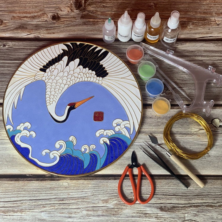 TANZEQI Cloisonne Enamel Painting DIY Kit for Chinese Cloisonné Enamel Art  of Crane and Scenery, Intangible Cultural Heritage (Crane A)
