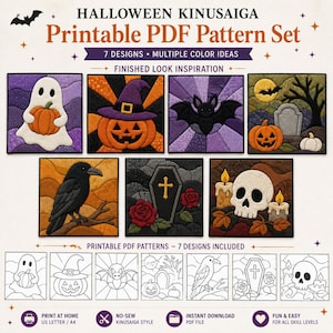 Pode incluir: Um conjunto de padrões PDF imprimíveis de Halloween Kinusaiga com sete designs, incluindo um fantasma com abóbora, uma abóbora de Halloween, um morcego, um cemitério, um corvo, um caixão com rosas e uma caveira com velas.