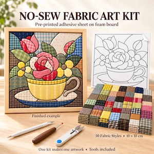 Teacup Bouquet Kinusaiga No-Sew Fabric DIY Art Kit Includes 50 Types of Fabric